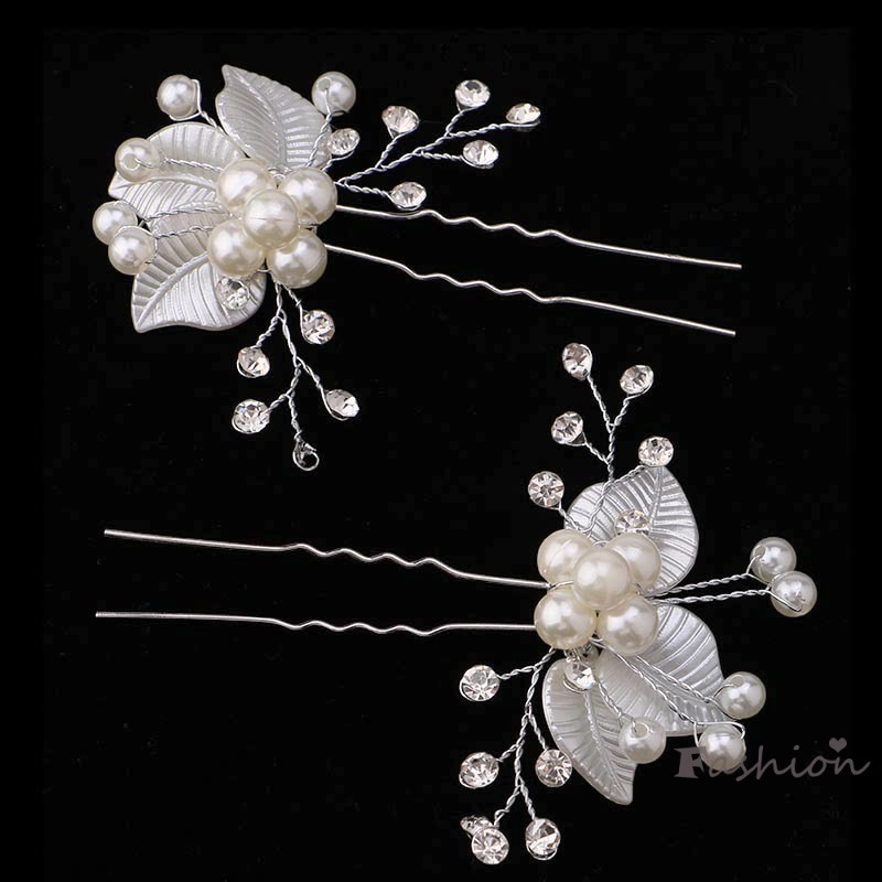 Set 2 Trâm Cài Tóc Hình Hoa Đính Ngọc Trai Giả Xinh Xắn Cho Cô Dâu