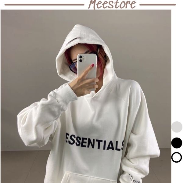 Áo hoodie ESSEN Unisex Mee - Sweater có mũ dáng rộng tay phồng phối túi chữ in phong cách Ullzang