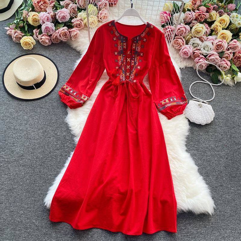 Đầm Tay Phồng Thêu Họa Tiết Thổ Cẩm Phong Cách bohemian Thời Trang Đi Biển Cho Nữ