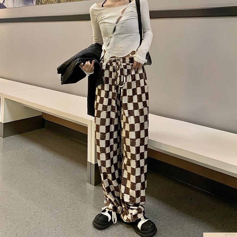 Quần dài ống rộng họa tiết kẻ ca rô trẻ trung cho nữ