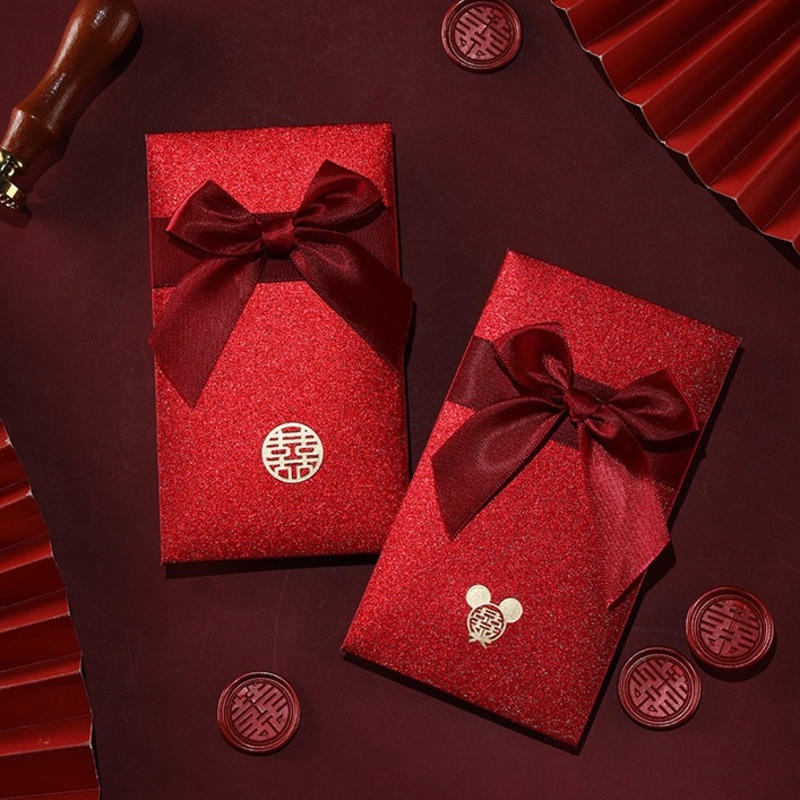 Bộ 2 Bao Lì Xì Đỏ Đính Nơ Phong Cách Trung Hoa Sáng Tạo Dễ Thương 2pcs Wedding Red Packet Angpao Packet Gold Cute Angpow Pouch Chinese Money Envelope Modern Long Creative Cartoon Big Small Short Angpau Golden Bow High Grade Shining