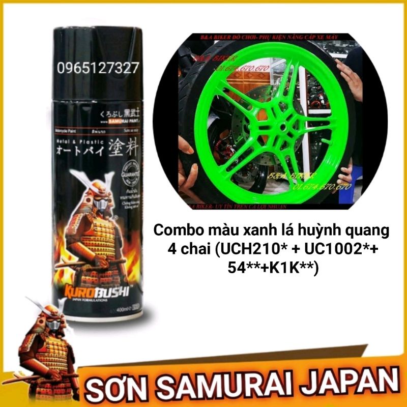 Combo sơn xịt samurai Japan màu xanh lá huỳnh quang 54**