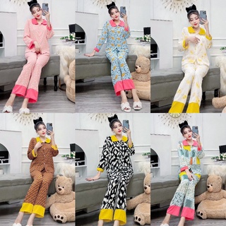 Đồ bộ pijama tay dài quần dài vải mango siêu mềm , thoải mái , họa tiết lạ siêu xinh freesize dưới 58kg