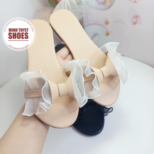 Dép nữ đế bằng minhtuyetshoes quai ngang phối nơ lụa đẹp đi biển phong cách ulzzang tiểu thư