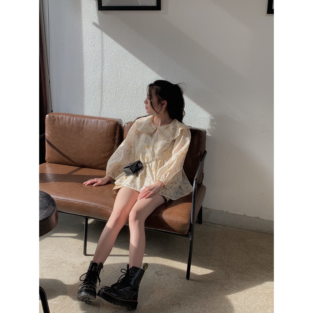 Áo kiểu babydoll vải tơ hàn in hoa nhí cổ kèm 2 dây TKA306 LOLLIE STUDIO