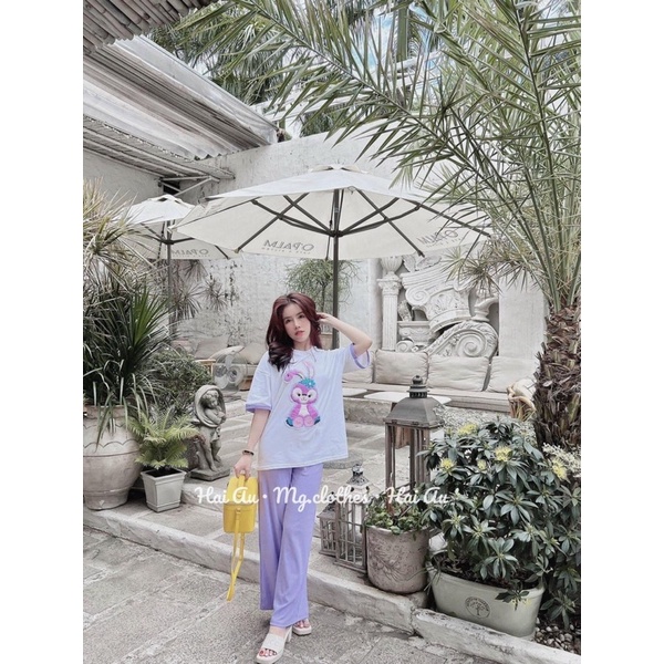 Set áo cotton thỏ tím phối viền tay quần gân xinh xắn P3