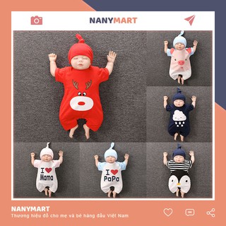 Quần Áo Trẻ Em Sơ Sinh Bộ Bodysuit Cộc Tay Kèm Mũ Dễ Thương Cho Bé Gái Bé Trai - [BDC3]