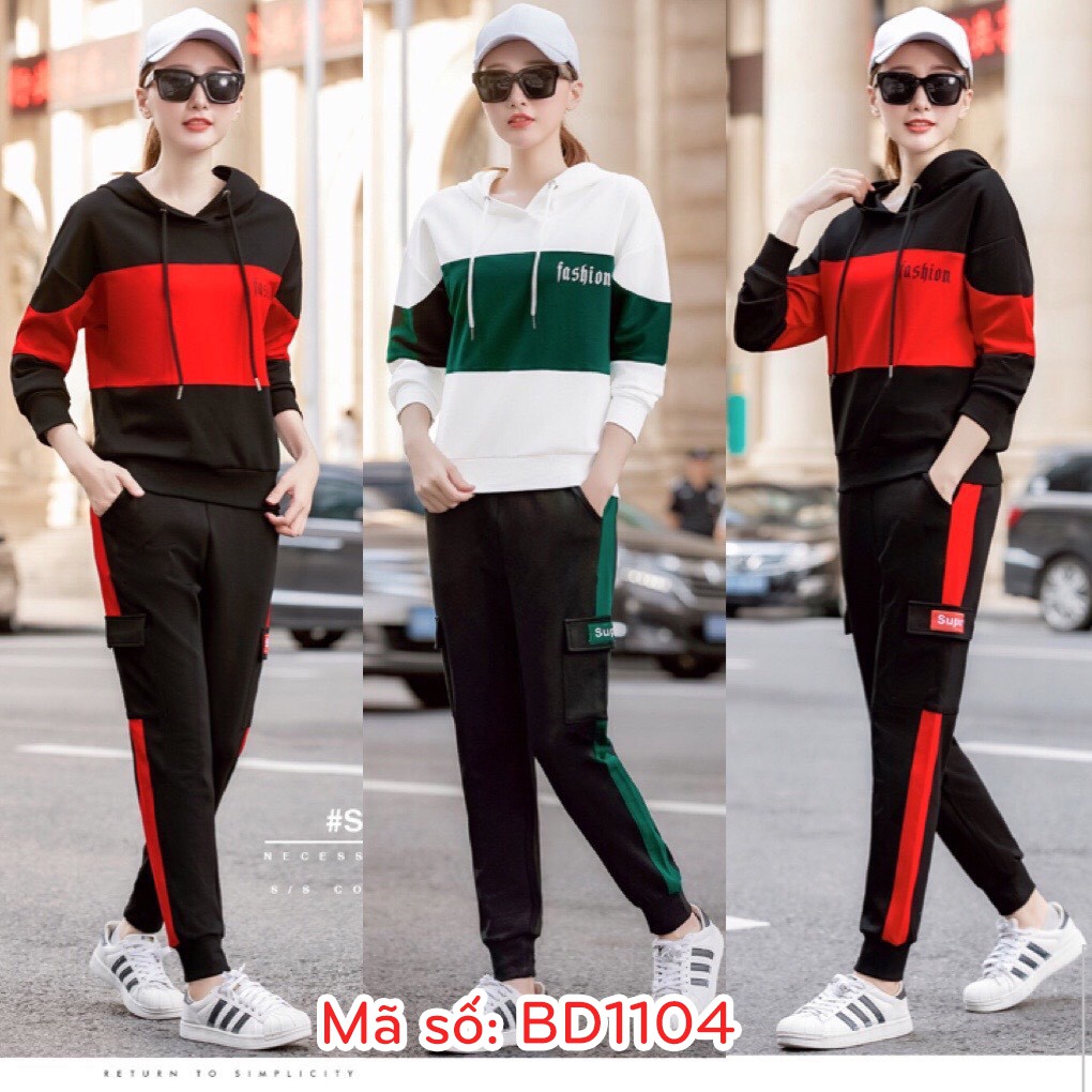 BD1104 SET BỘ THỂ THAO TAY DÀI NÓN QUẦN TÚI HỢP PHỐI MÀU sang trọng - hàng việt nam