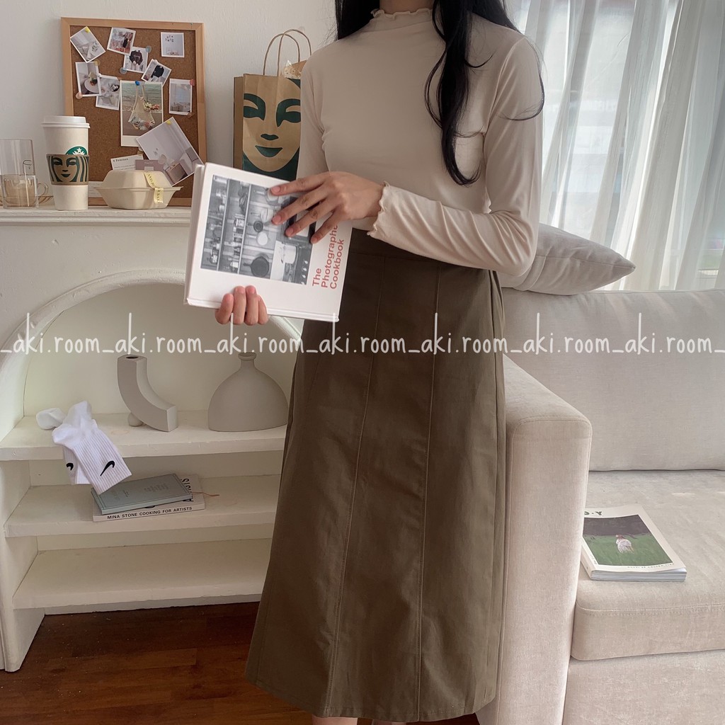 Chân váy kaki thô dài dáng A cạp lưng chun viền dọc