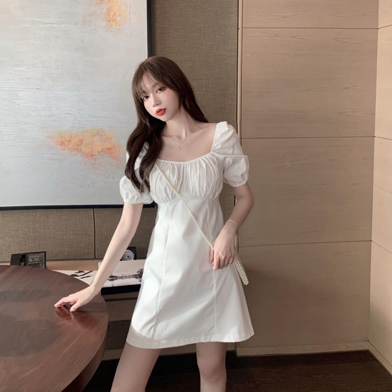 [MURIOKI] Đầm Dáng Chữ A Tay Phồng Cổ Vuông Màu Trắng / Tím Phong Cách Pháp Tinh Tế Thời Trang Cho Nữ