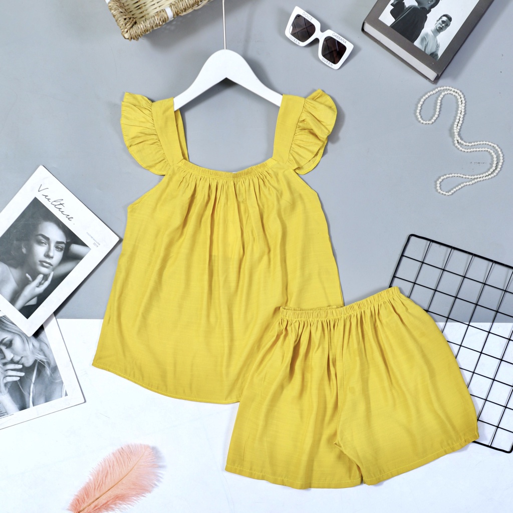 Đồ Bộ Đũi Nữ Mặc Nhà Ngủ Mùa Hè Hai Dây Cánh Tiên Dễ Thương Quần Short Dâu Tây PINK BOUTIQUE