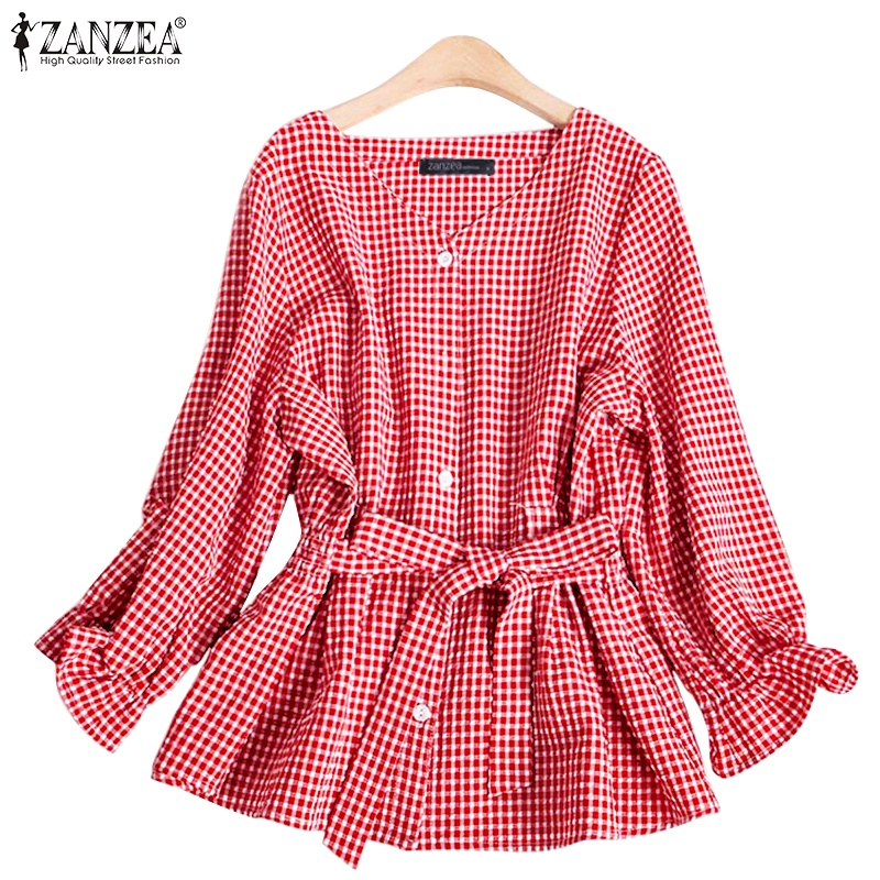 Áo sơ mi Zanzea tay dài họa tiết kẻ sọc caro cổ chữ v thanh lịch cho nữ