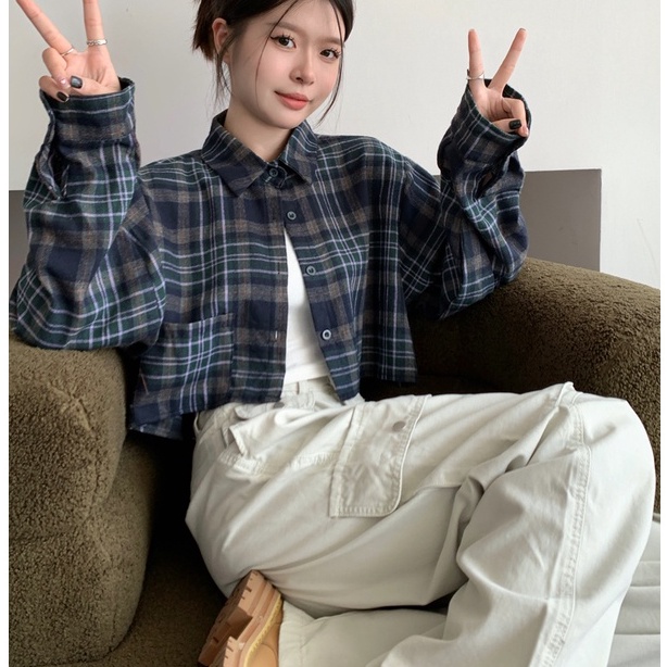 ZHELIHANGFEI Áo Sơ Mi Tay Dài Cổ Bẻ Họa Tiết Sọc Caro Phong Cách Retro