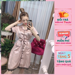 Bộ đồ ngủ, Đồ bộ pijama lụa nữ mặc nhà Đầm ngủ lụa mặc nhà tay ngắn phối ren phi lụa Free sezi 40kg đến 60kg