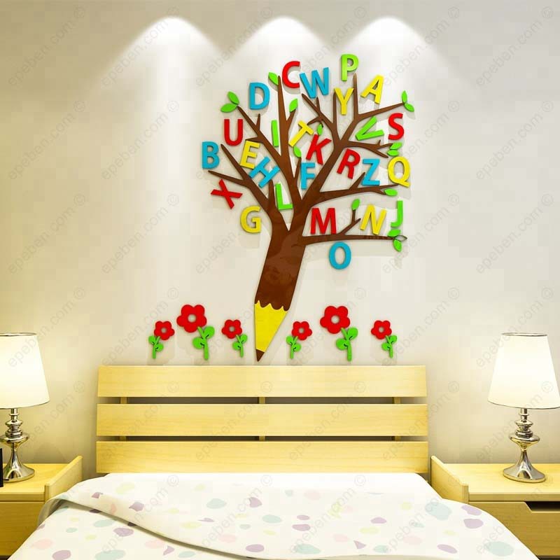 Tranh dán tường mica 3d decor khổ lớn cây chữ cái tiếng anh trang trí mầm non, phòng cho bé Nhiều Size - EPeBen