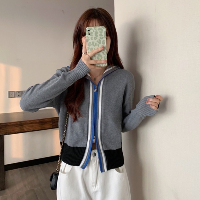 Áo khoác cardigan dệt kim tay dài kiểu khóa kéo đôi hợp thời trang cho nữ