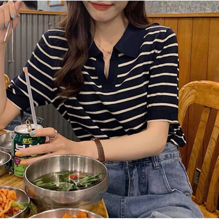 Áo kiểu nữ FM Style cổ bẻ tay ngắn họa tiết sọc ngang phong cách năng động trẻ trung thanh lịch basic 210717046 | BigBuy360 - bigbuy360.vn