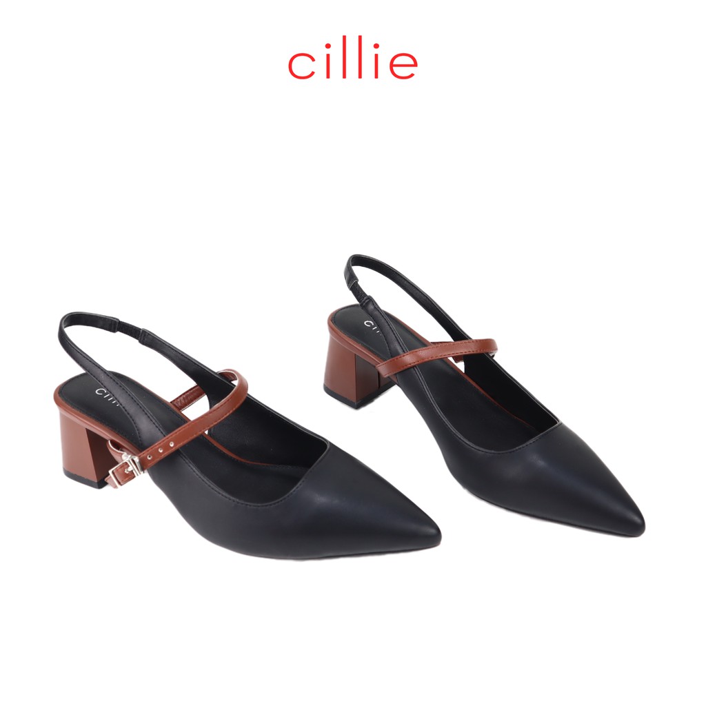Giày sandal nữ mũi nhọn thanh lịch phối màu độc đáo gót vuông 5cm đi chơi đi làm Cillie 1172