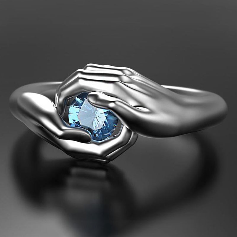 Nhẫn đính đá sapphire hình đôi tay đôi cánh thiên thần thời trang cho nam và nữ