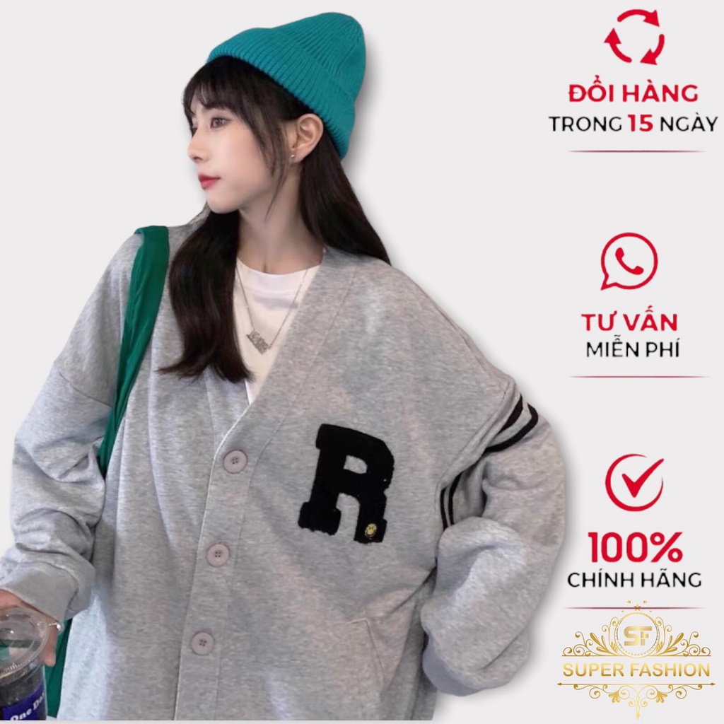 Áo khoác Cardigan Nữ Form rộng Super Fashion Họa Tiết Chữ R Nổi Siêu Xinh