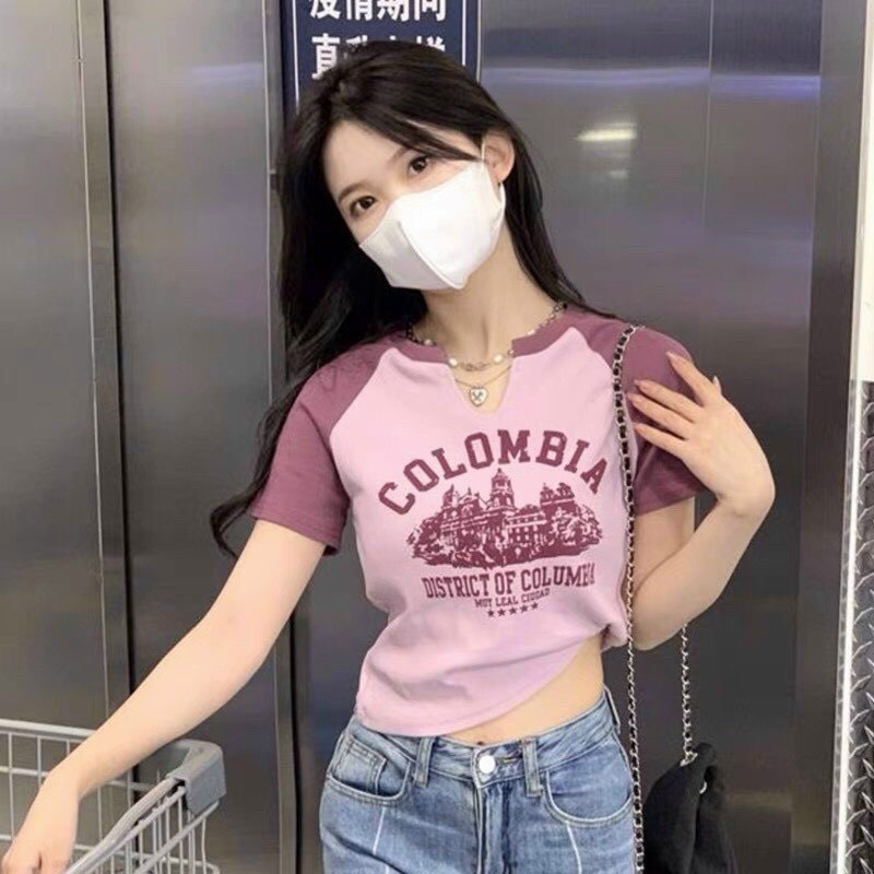 ÁO CROPTOP KIỂU LỬNG NỨ NGẮN TAY CỔ TRÒN KHOÉT IN CHỮ COLOMBIA  MÀU HỒNG TRẮNG KEM TÔN DÁNG ĐỈNH CAO HOT HIT NITIQC