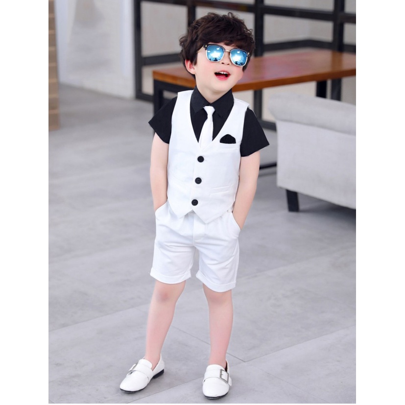 Bộ Vest Ghile Bé Trai Công Tử Bạc Liêu Sang Chảnh + Tặng kèm áo thun cổ sơmi  - Màu Trắng