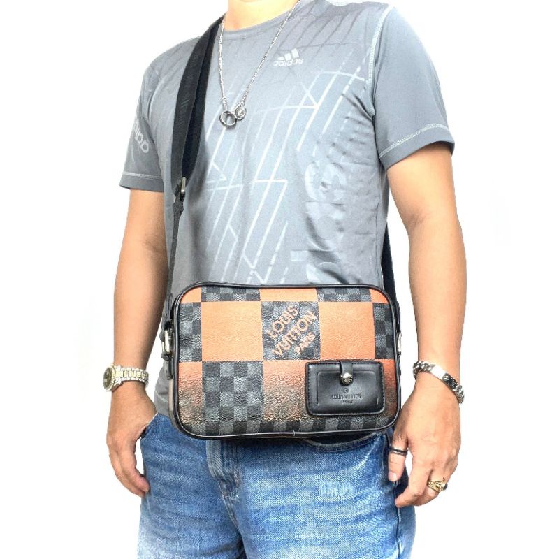 Túi đeo chéo nam LV caro màu cam cá tính thời trang da canvas chống nước size 27cm - LV40188