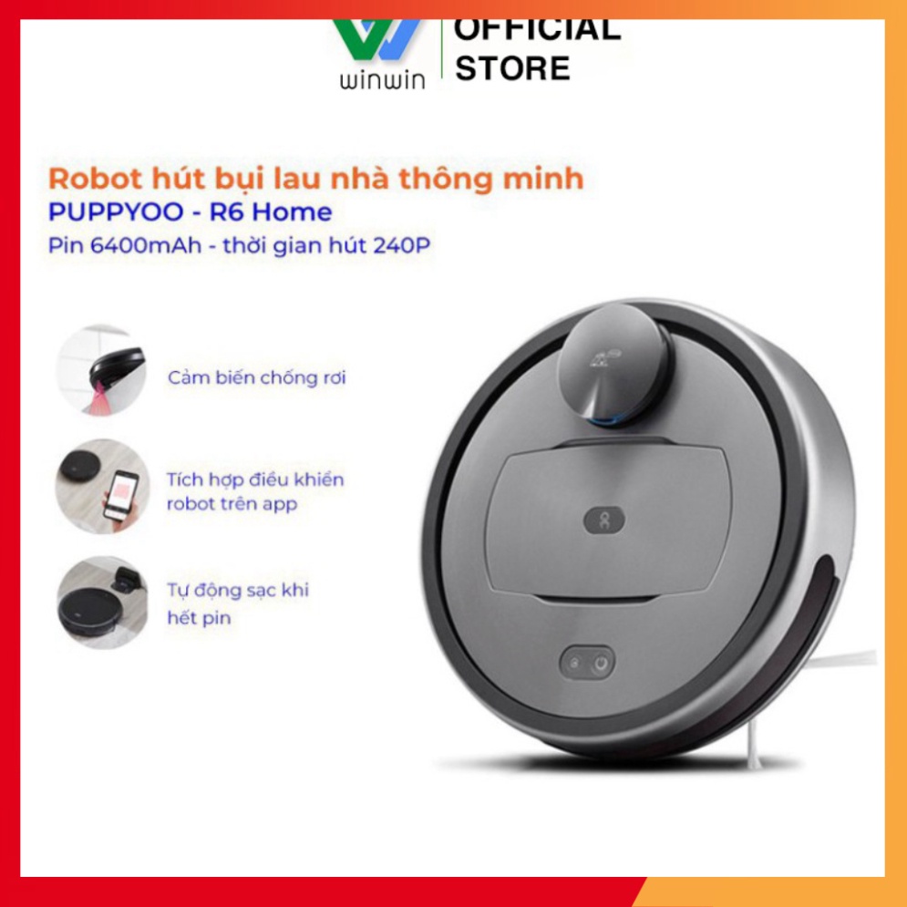 Robot hút bụi PUPPYOO R6 Home, lực máy hút bụi mạnh 2000Pa diện tích làm sạch 300m2_Vimart