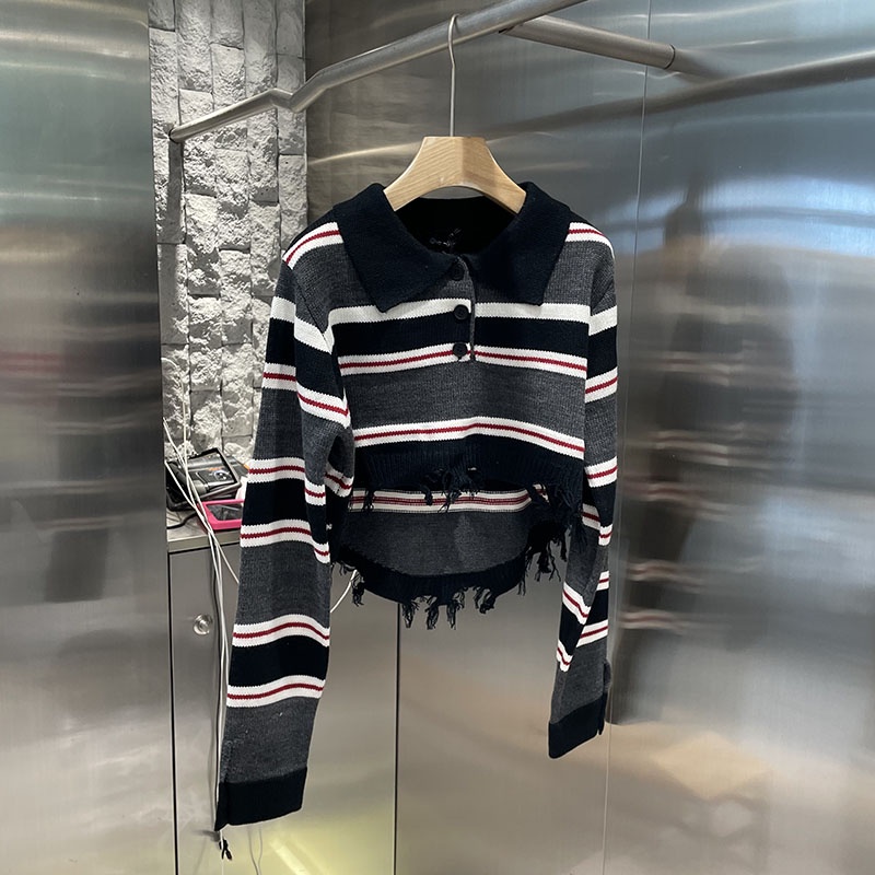 NUZIRO  Áo Len Cổ POLO Phối Tua Rua Họa Tiết Kẻ Sọc Màu Tương Phản Thời Trang Thu Đông Cho Nữ