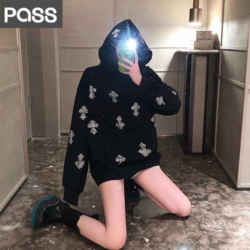 Áo Hoodie Cotton Tay Dài Đính Đá Phong Cách Đường Phố Hàn Quốc Thời Trang Thu Đông Mới 2022