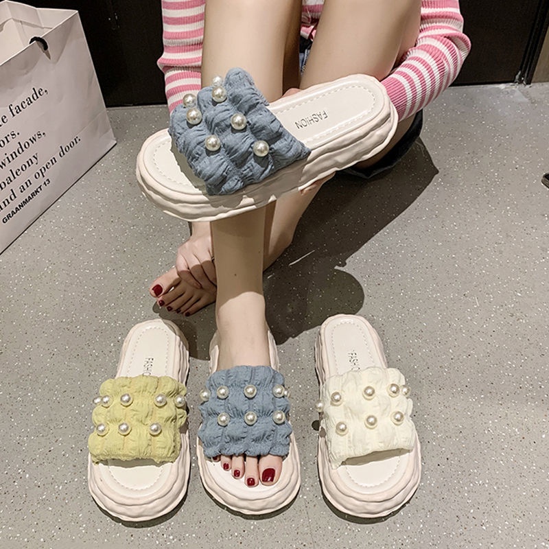 Hàng Có Sẵn ~ Dép Sandal Đế Dày Mềm Mại Đính Ngọc Trai Thời Trang Mùa Hè Bán Chạy Dành Cho Bạn Nữ Mang Ngoài Trời