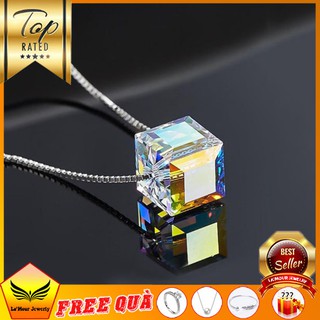Vòng cổ bạc nữ s925 pha lê lấp lánh khối vuông lập phương 8ly aurora cao cấp trong suốt ánh màu