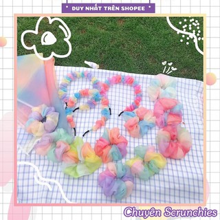Cột Tóc Vải nhiều màu Scrunchies Voan Cầu Vòng