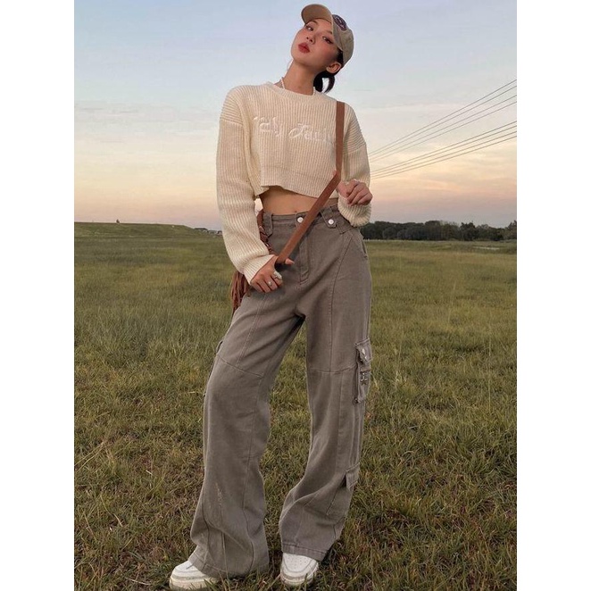 Áo sweater vải dệt kim dáng ngắn thời trang thu đông cho nữ