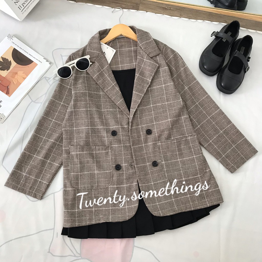 ÁO BLAZER KẺ NÂU SỮA 1 LỚP (ảnh thật/sẵn/video) | BigBuy360 - bigbuy360.vn