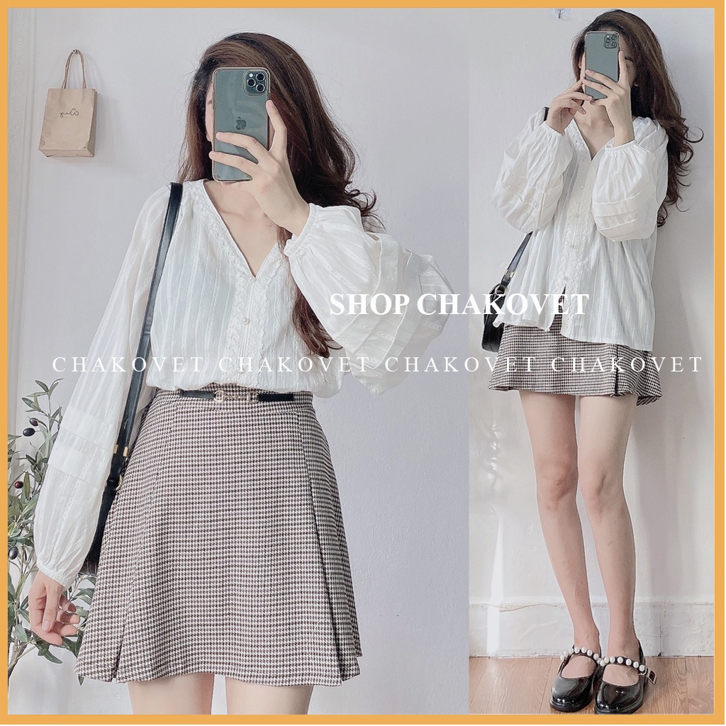Áo sơ mi nữ dài tay form rộng CKA871, áo kiểu nữ đẹp cổ V tay bồng dáng babydoll cúc ngọc viền ren mặc đi làm đi học