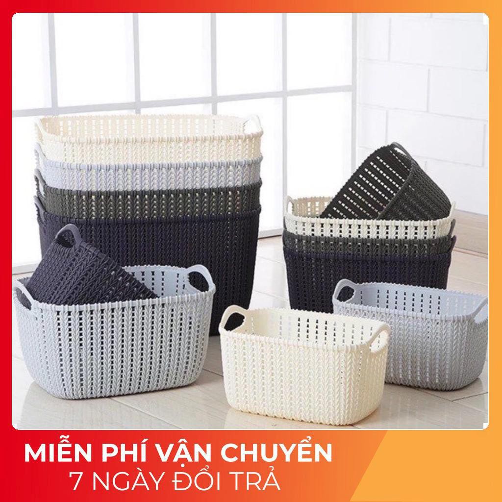 Rổ nhựa giả đan mây có quai cầm đủ kích cơ phong cách Hàn quốc