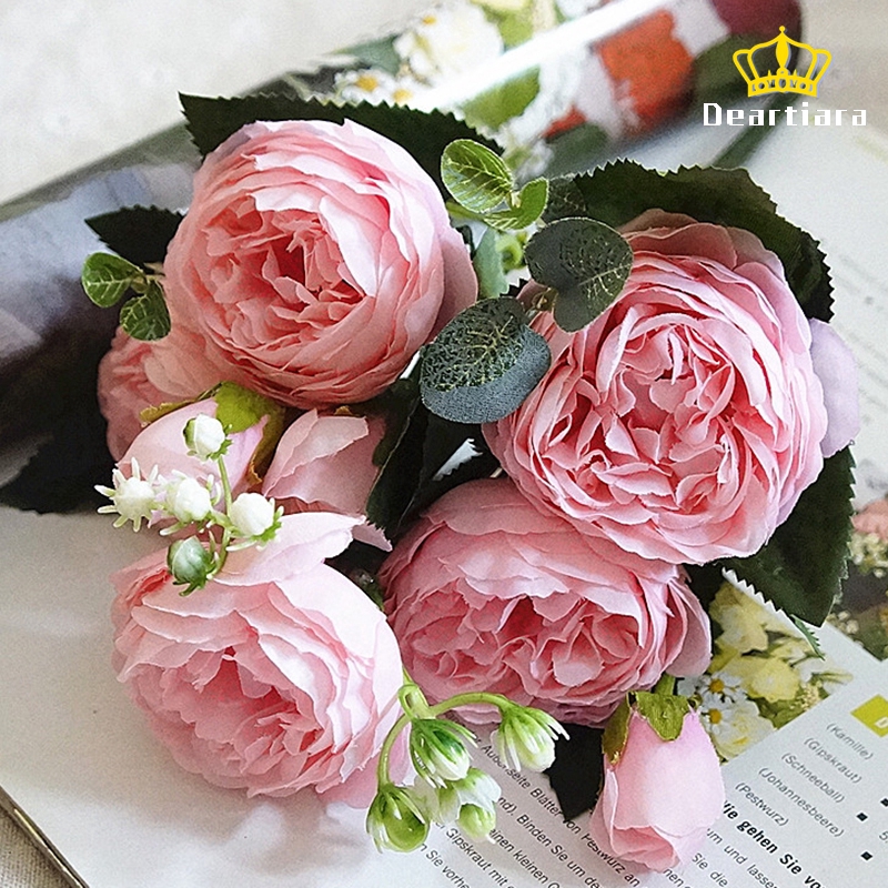 Bó hoa mẫu đơn giản bằng lụa sống động trang trí cho nhà / tiệc cưới