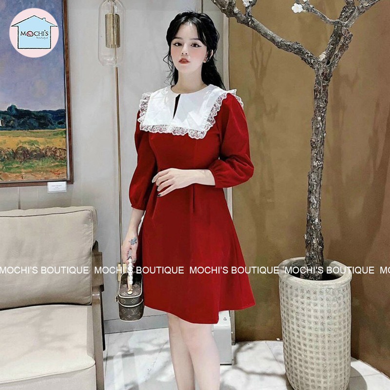 Váy đầm đỏ dáng xòe cổ bẻ, mẫu váy đầm mặc tết siêu xinh, kiểu dáng dễ mặc - M045 | BigBuy360 - bigbuy360.vn