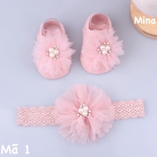 Set băng đô và đôi vớ hoa Mina đính ngọc trai nhân tạo cho bé gái