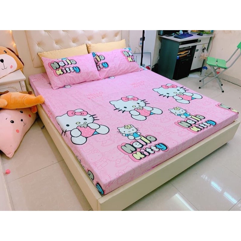 Bộ Ga Gối 3 Món Cotton Poly Kitti Dâu