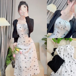 Set đầm hai dây hoa nhí đen/kèm áo khoác cardigan vh06