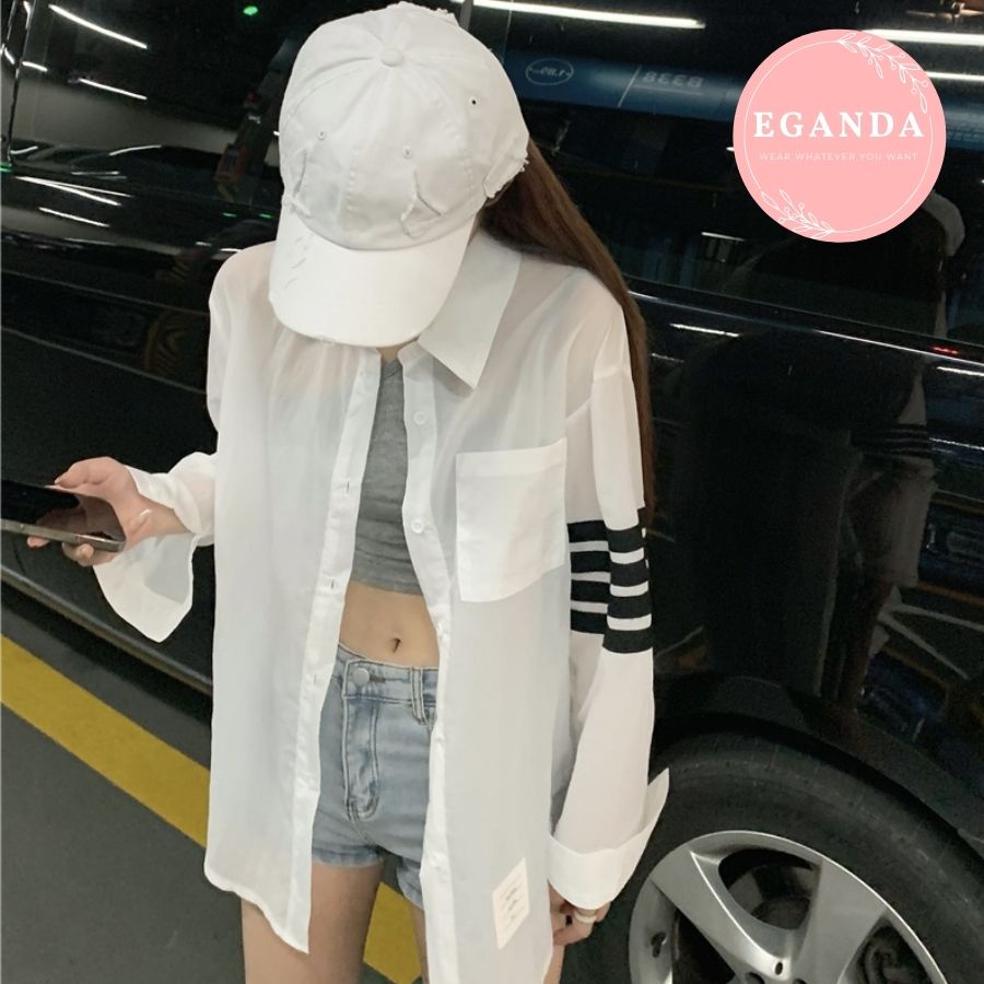 Áo sơ mi nữ trắng cổ đức tay dài phối kẻ bắp tay, áo sơ mi trắng lụa Hàn form rộng phối kẻ đen tay dài Hàn Quốc