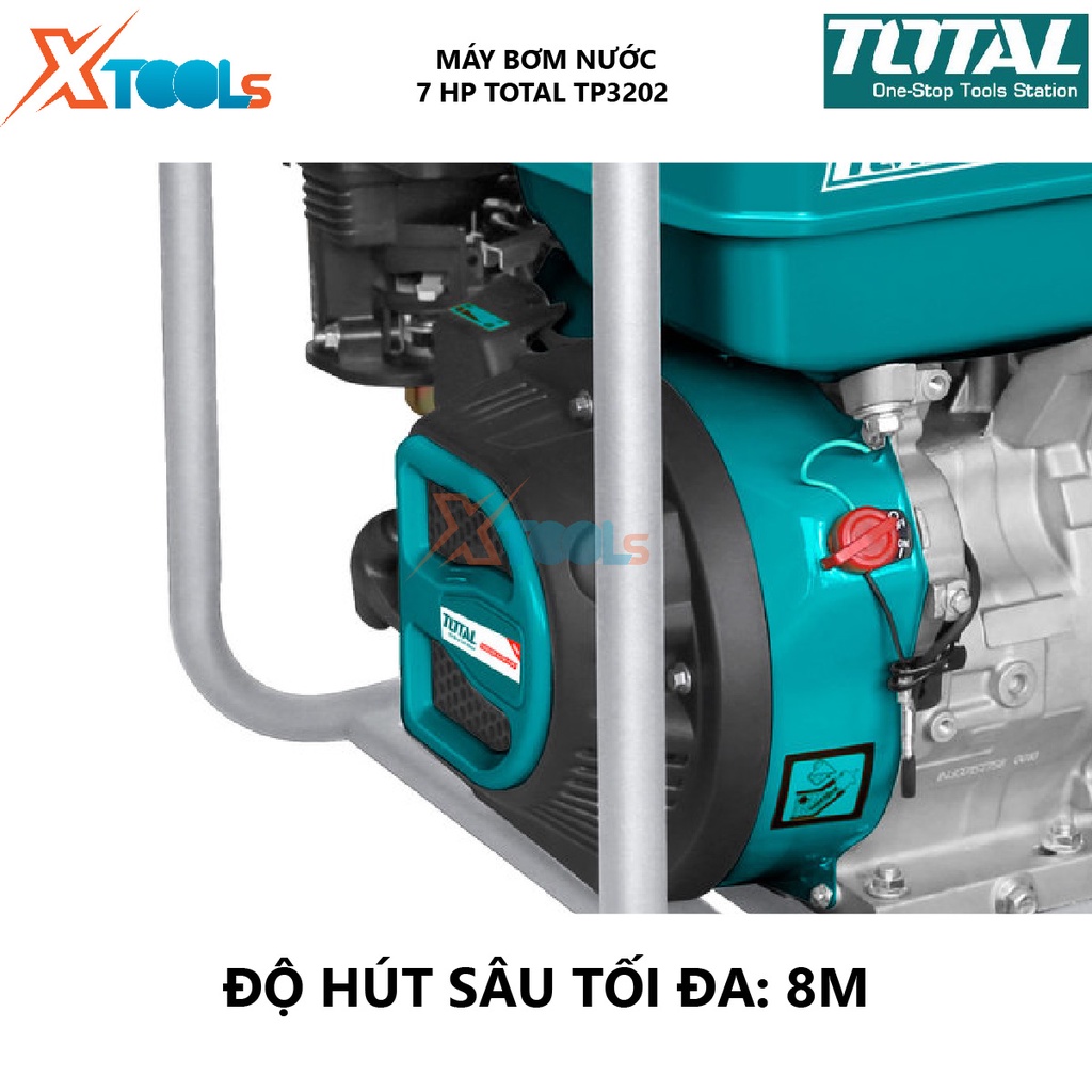 Máy bơm nước chạy xăng TOTAL TP3202 máy bơm dùng xăng Chiều cao bơm tối đa 28 m, Độ hút sâu tối đa 8m, Dung tích xi lanh