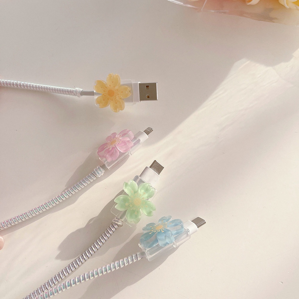Cod Qipin Korean Flower Transparent Cartoon Take A Bite of Data Cable Cover for Universal Mobile Phone Data Cable Cover Accessories