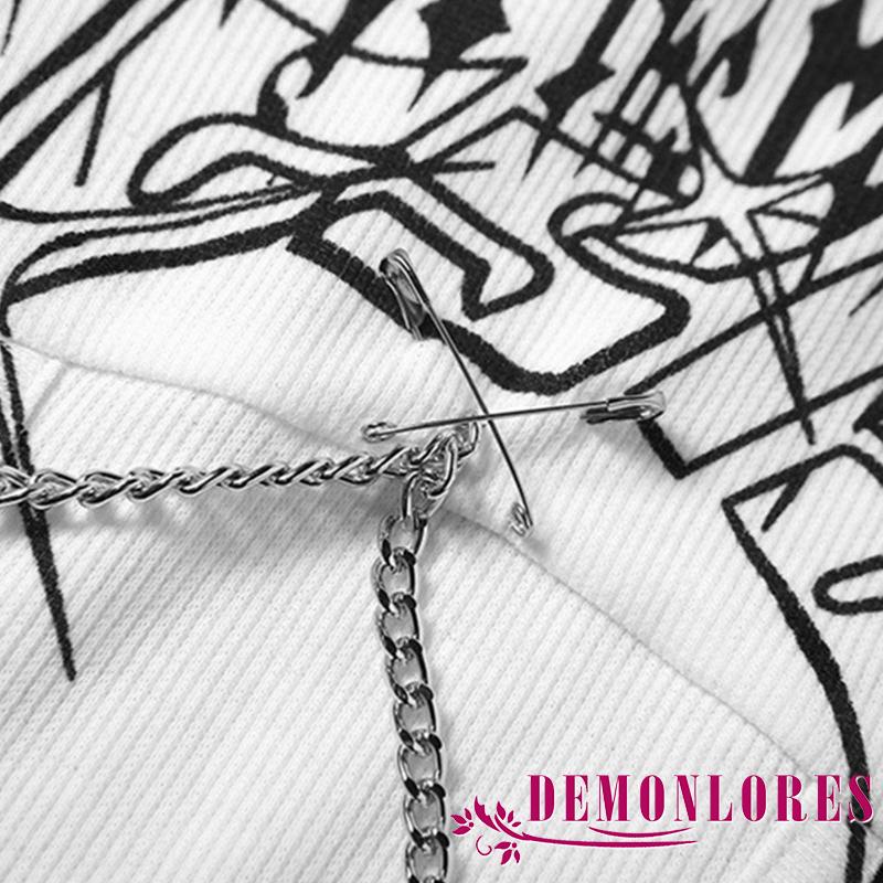 Áo Thun Crop Top Tay Ngắn Cổ Tròn In Chữ Phối Dây Xích Kim Loại Ôm Dáng Thời Trang Cho Nữ