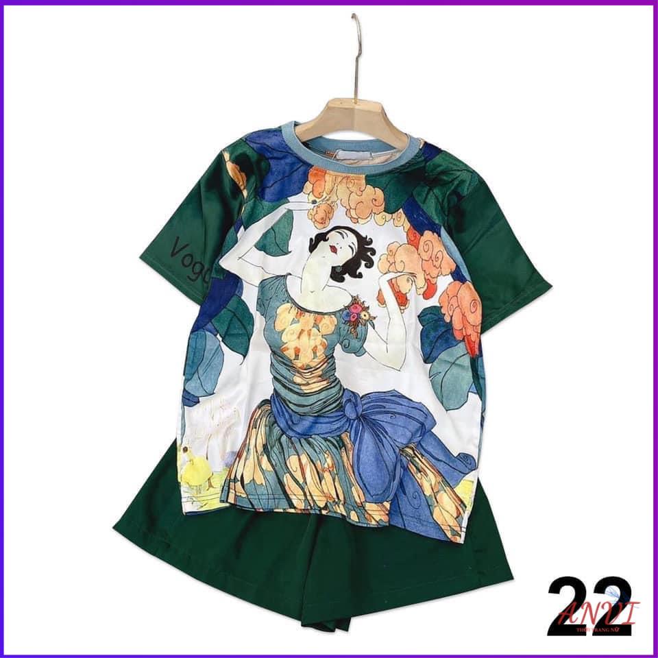 Đồ Bộ Mặc Nhà Nữ ANVI,  Bộ Ngủ Nữ  Áo Cổ Tròn Tay Lở Chất Lụa Họa Tiết Phối Quần Short Màu Trơn Lưng Thun . | BigBuy360 - bigbuy360.vn
