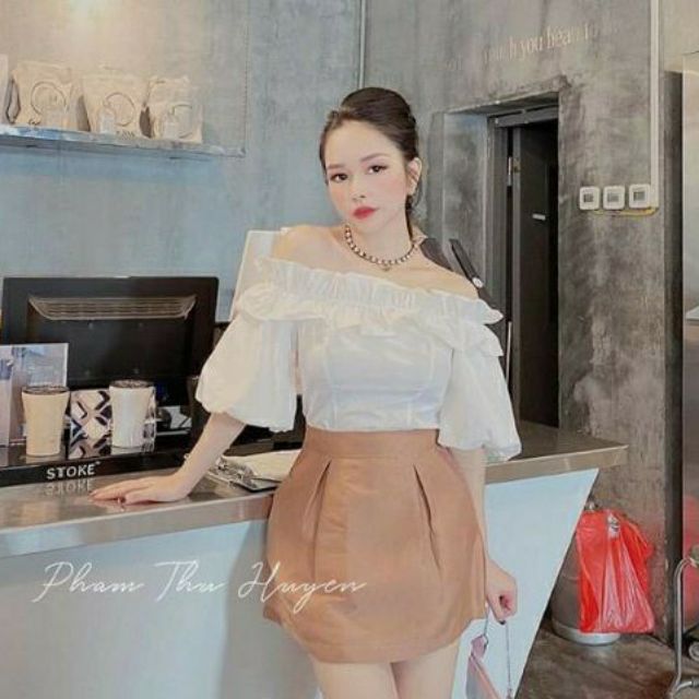 Áo bẹt vai bèo tay phồng vải kate xinh ngất ngây