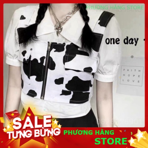 ÁO CROPTOP GILE DÁNG BA LỖ HỌA TIẾT BÒ SỮA KHÓA KÉO ULZZANG - Áo khoác gile croptop bò sữa - PH💎👑