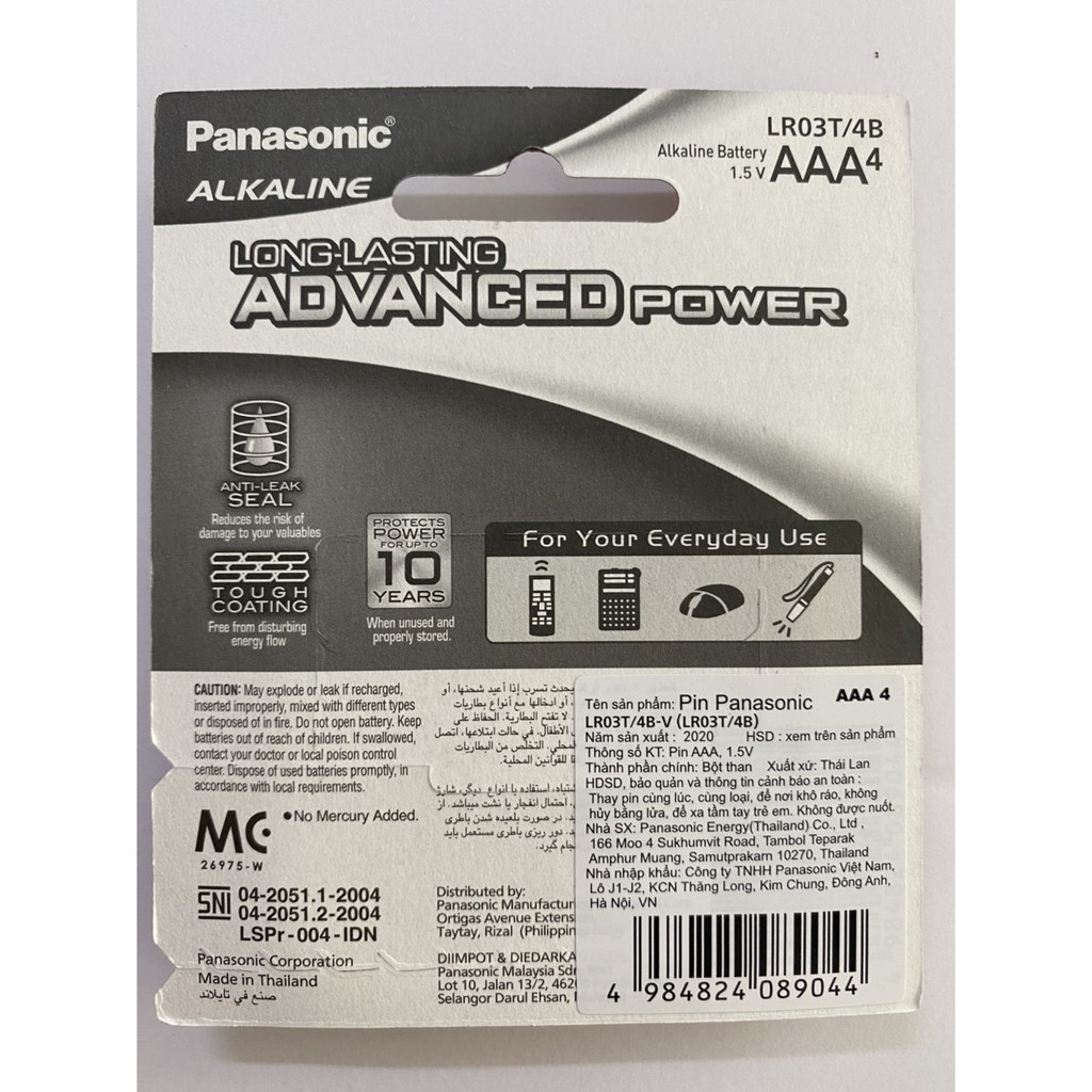 VỈ 4 VIÊN PIN AAA PANASONIC ALKALINE LR03T-4B CHÍNH HÃNG.